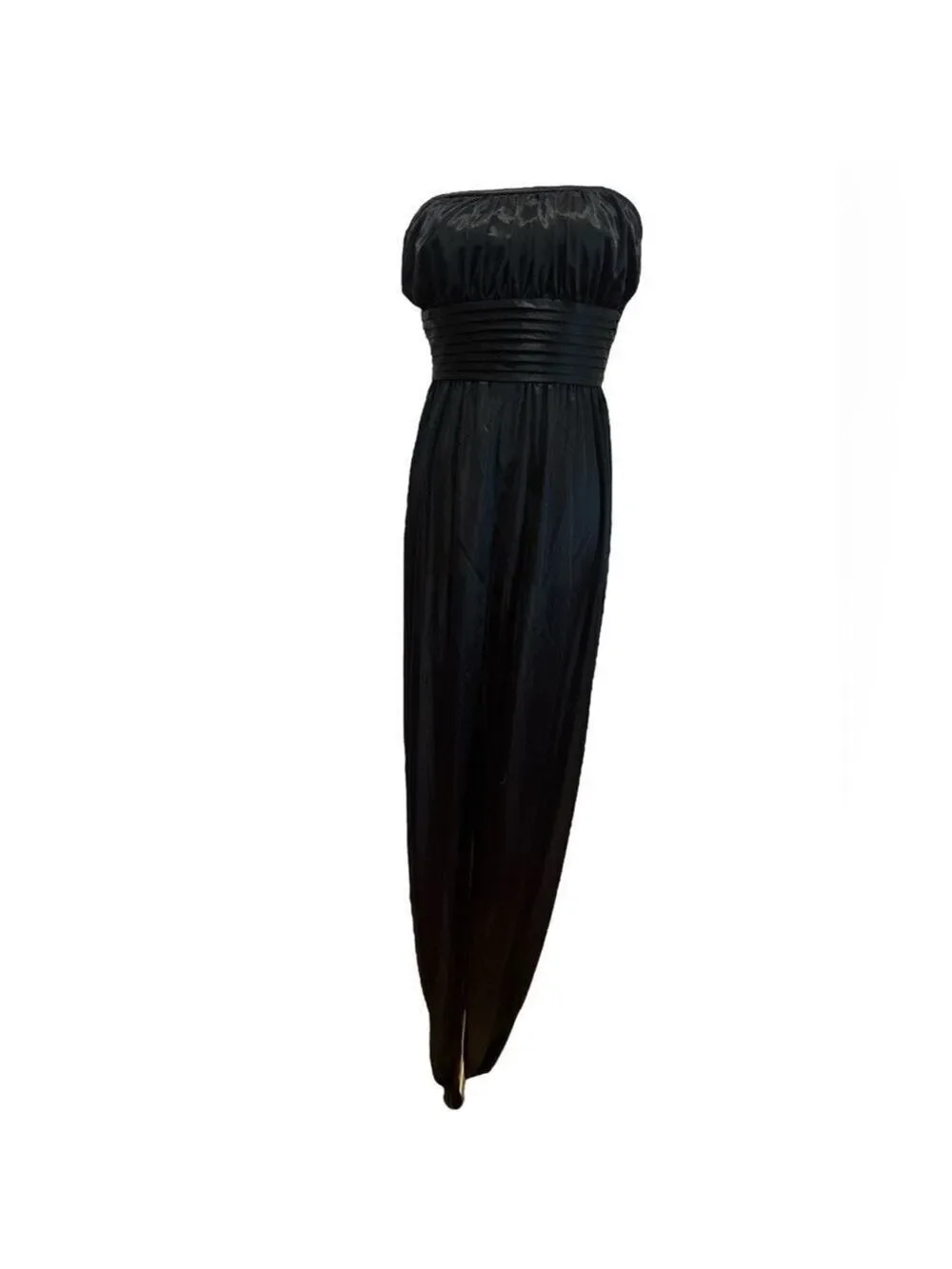 70's BLACK NYLON STRAPLESS LOUNGEWEAR GOWN PLEAT DETAIL WAIST W FRONT SLIT SZ S